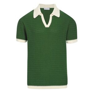 OXKnit 60’s Mod Green Open Collar Polo Shirt with Cream Accents (Size L)